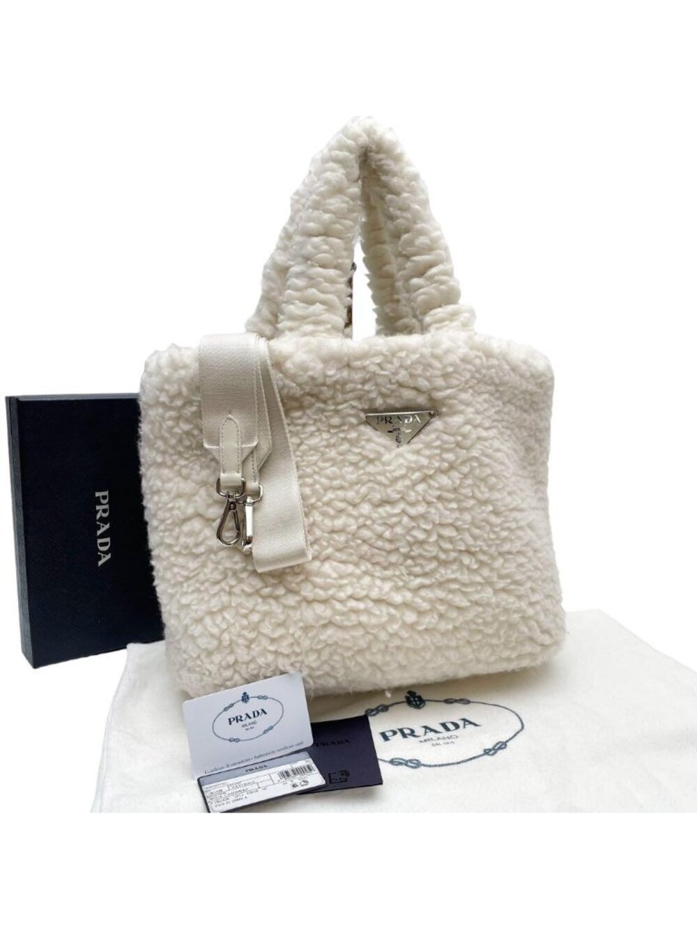 Prada Fur Cashmere Triangle Plate Logo Shoulder Tote Bag